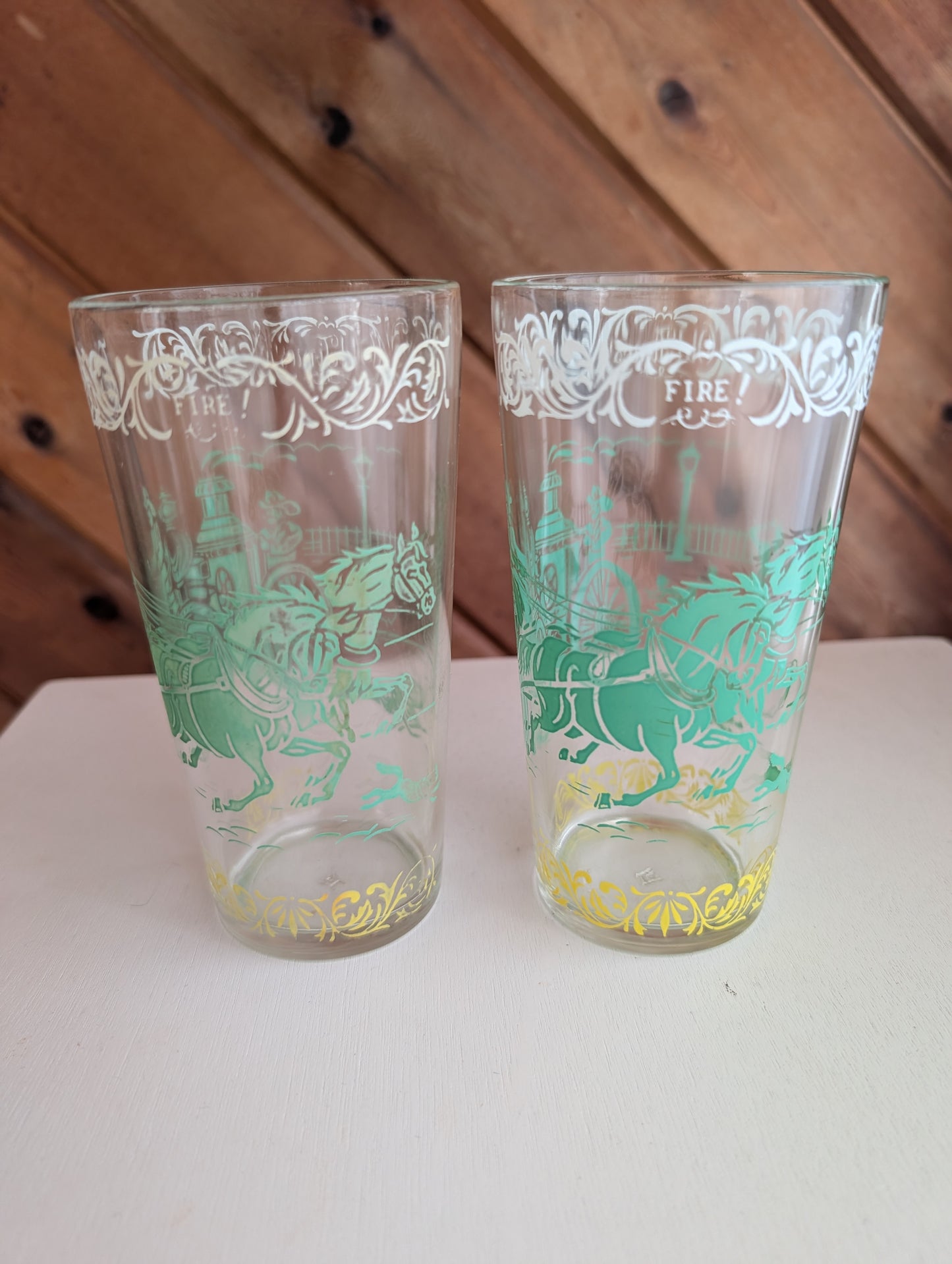Pair of Vintage Old Times' Tumblers Featuring Horse Drawn Fire Truck Fire!
