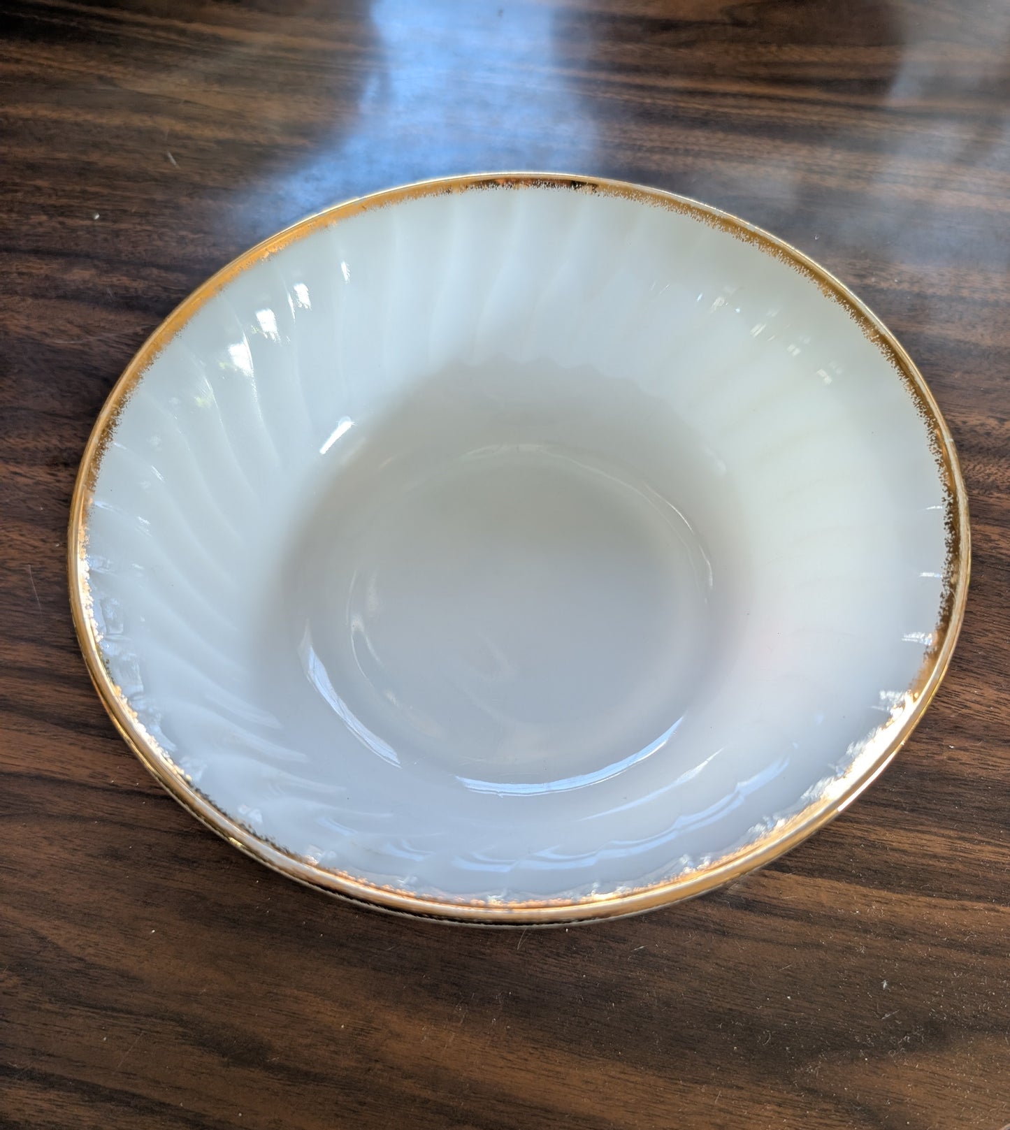Vintage Anchor Hocking Fire King Milk Glass Serving Bowl with Gold Trim 8.25" Diameter