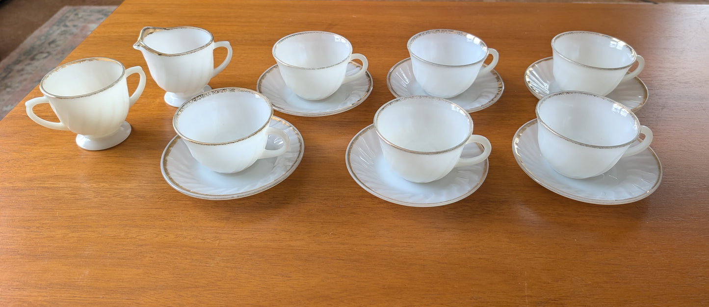 6 Anchor Hocking Fire King Tea Service Milk Glass Gold Ring Creamer Sugar Cups