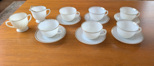 6 Anchor Hocking Fire King Tea Service Milk Glass Gold Ring Creamer Sugar Cups