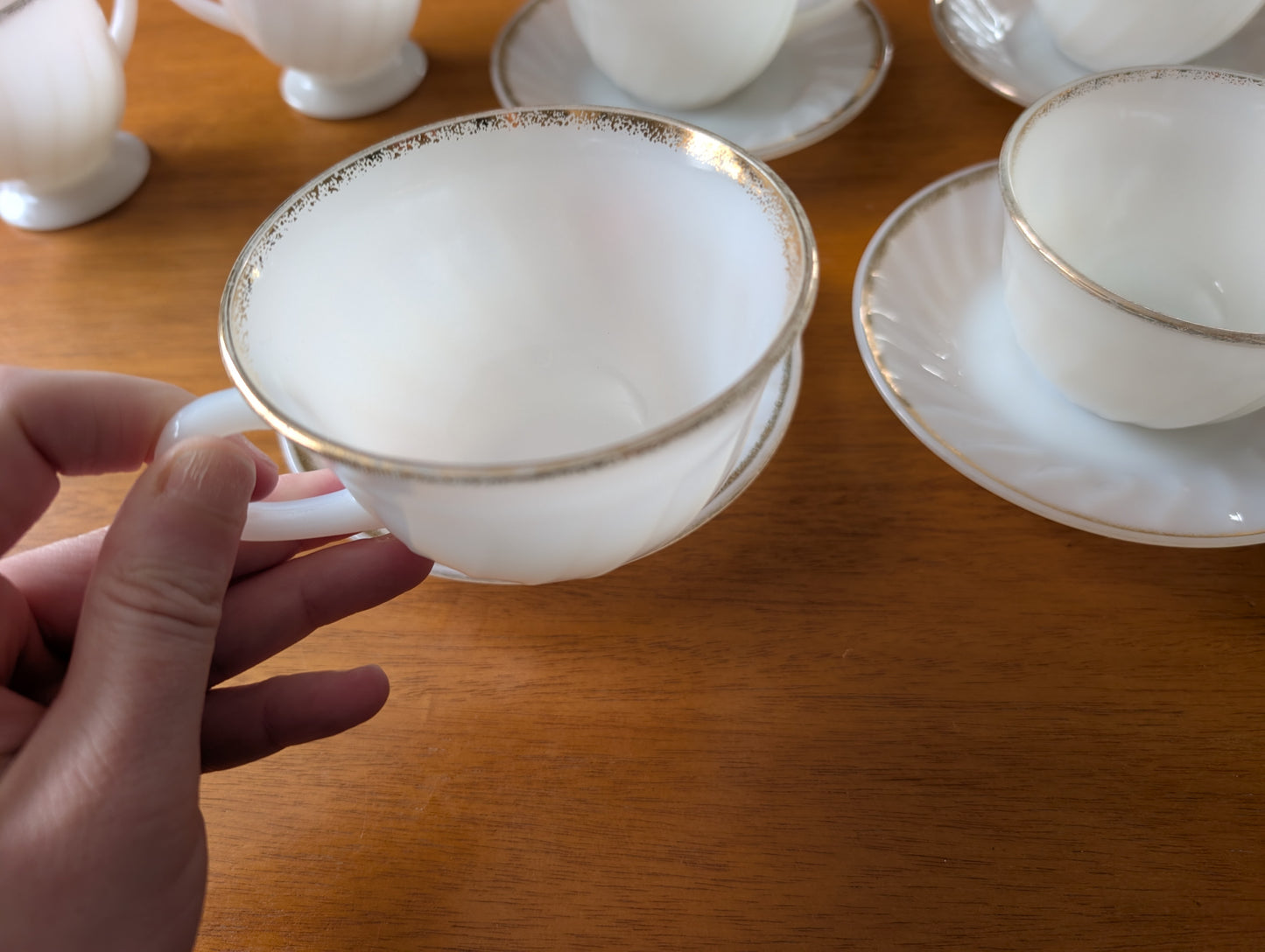 6 Anchor Hocking Fire King Tea Service Milk Glass Gold Ring Creamer Sugar Cups