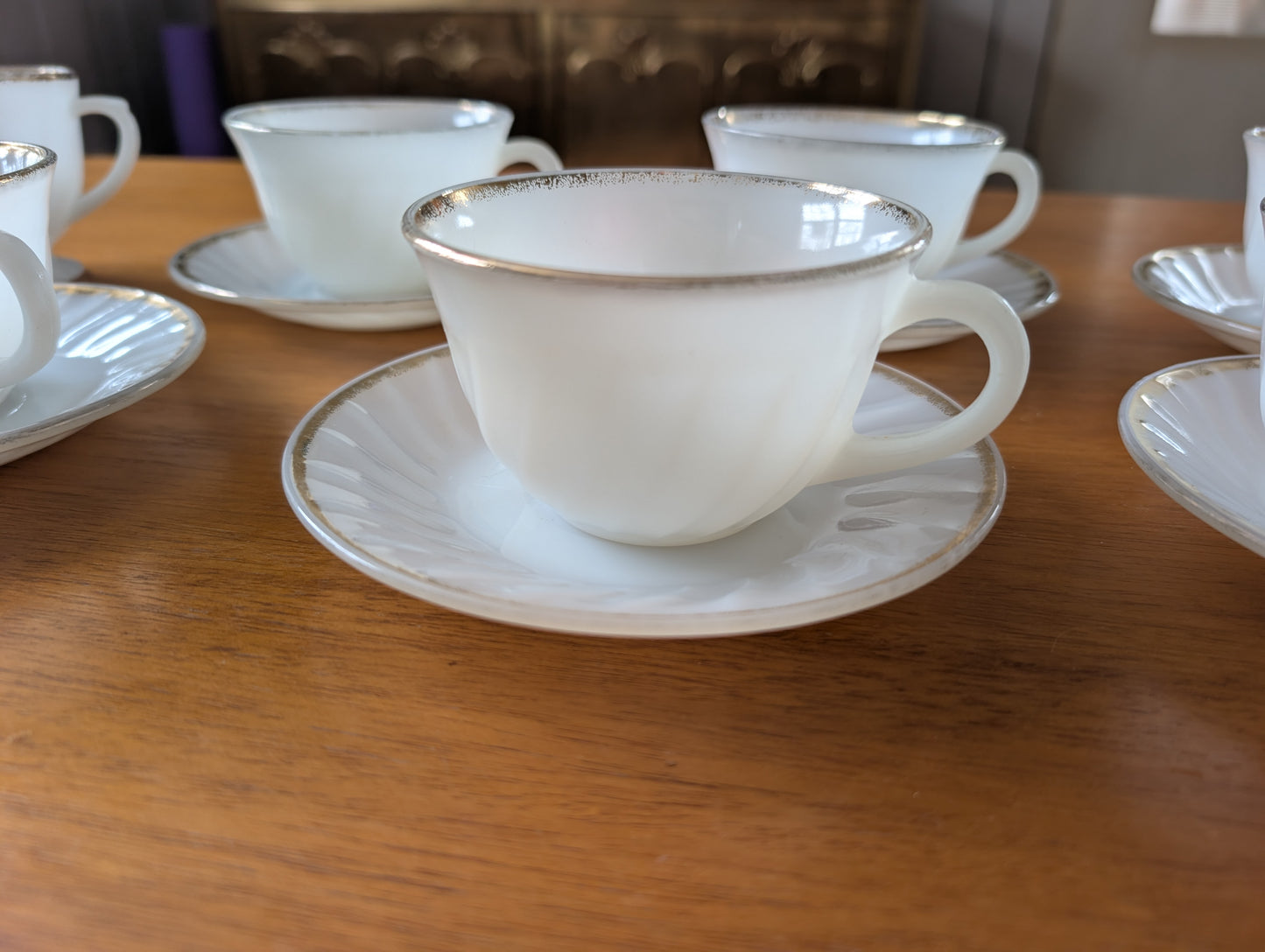 6 Anchor Hocking Fire King Tea Service Milk Glass Gold Ring Creamer Sugar Cups