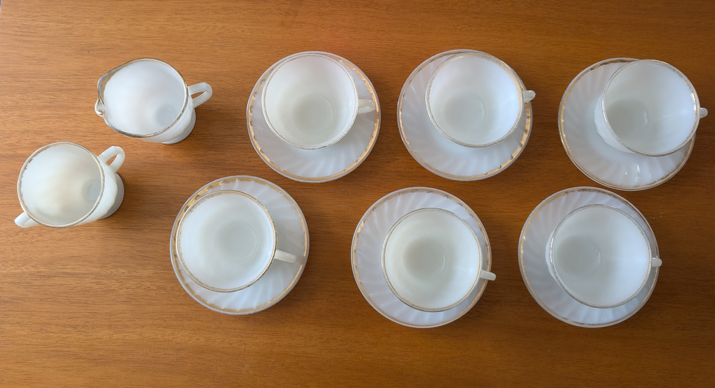 6 Anchor Hocking Fire King Tea Service Milk Glass Gold Ring Creamer Sugar Cups