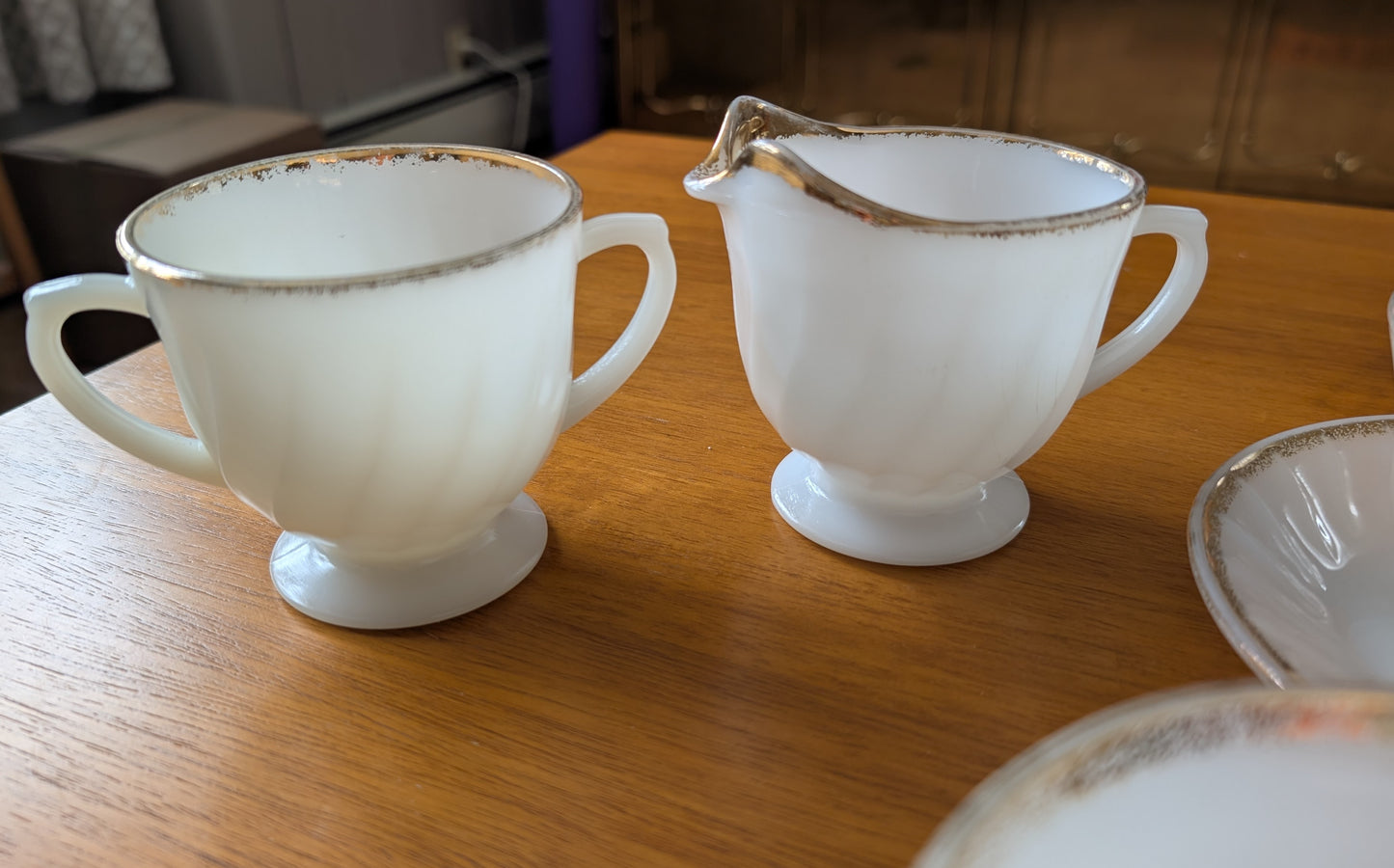 6 Anchor Hocking Fire King Tea Service Milk Glass Gold Ring Creamer Sugar Cups