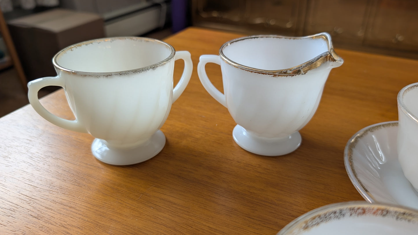 6 Anchor Hocking Fire King Tea Service Milk Glass Gold Ring Creamer Sugar Cups