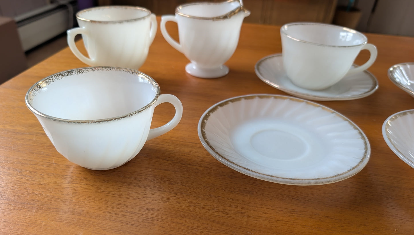 6 Anchor Hocking Fire King Tea Service Milk Glass Gold Ring Creamer Sugar Cups