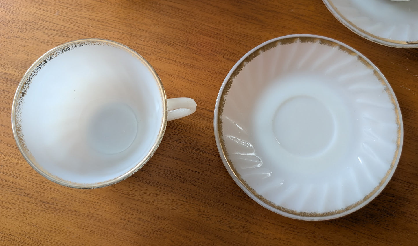6 Anchor Hocking Fire King Tea Service Milk Glass Gold Ring Creamer Sugar Cups