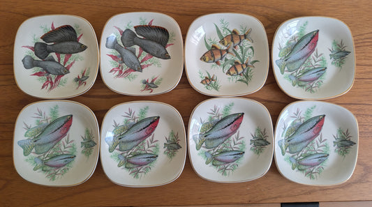 Rare Set of 8 Crown Staffordshire Fish Themed Bread Plates