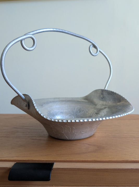 Vintage Hammered Aluminum Basket with Fruit and Floral Pattern