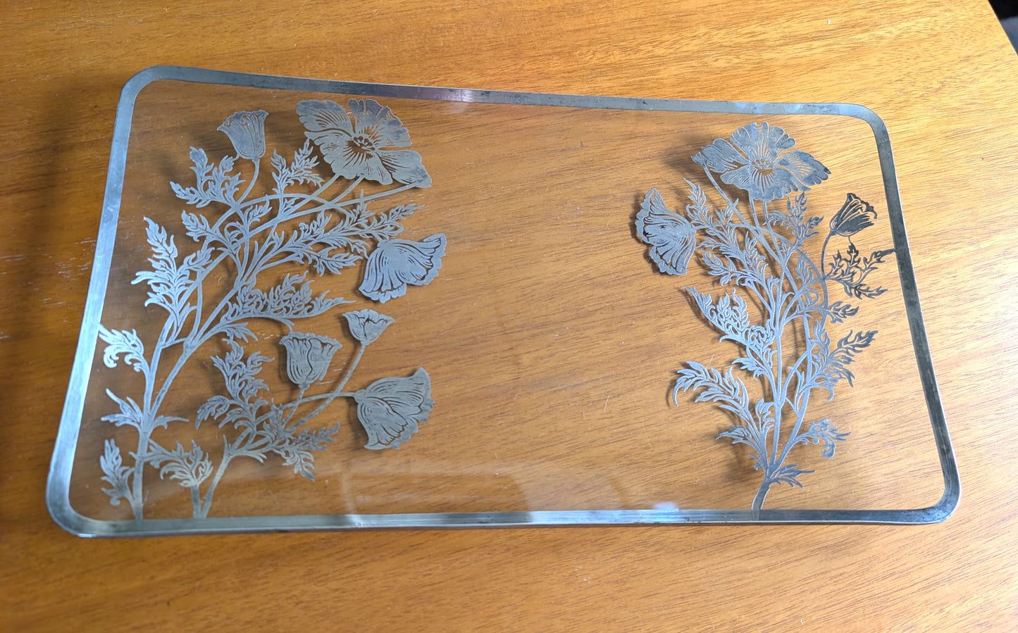 Midcentury Silver Overlay Floral Glass Rectangular Tray