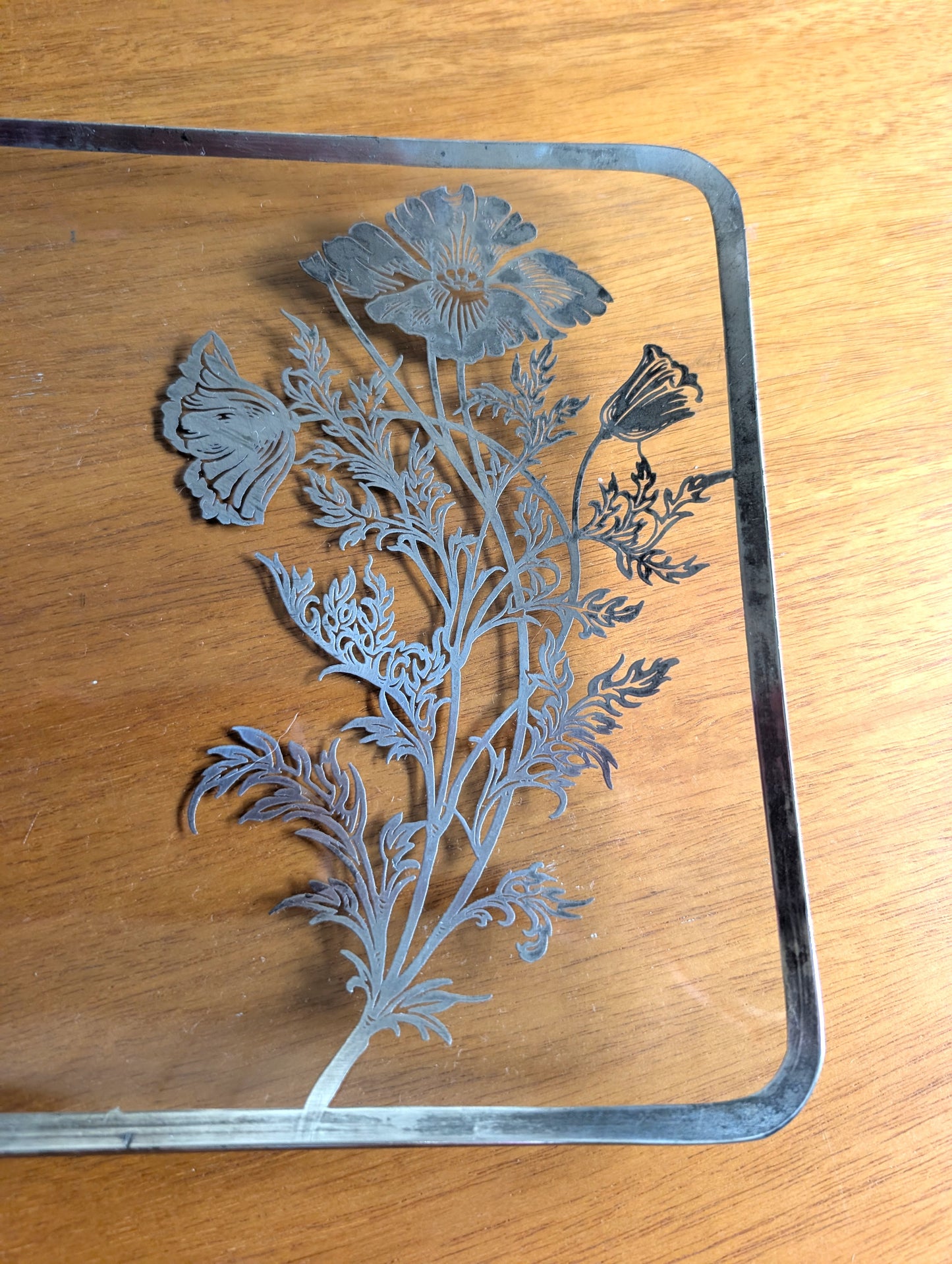 Midcentury Silver Overlay Floral Glass Rectangular Tray