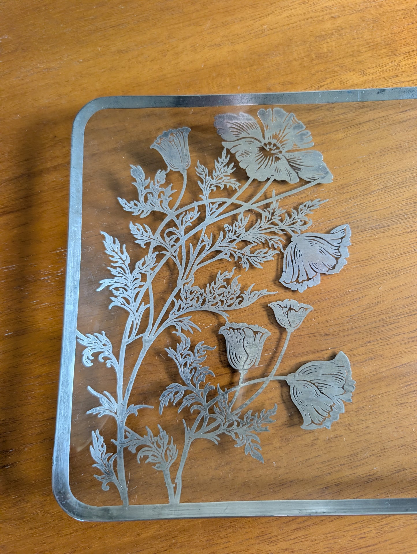 Midcentury Silver Overlay Floral Glass Rectangular Tray