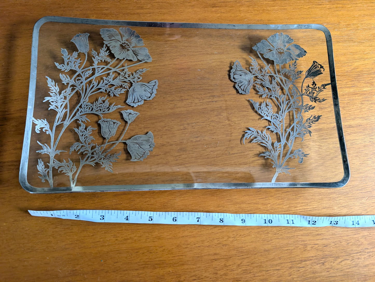 Midcentury Silver Overlay Floral Glass Rectangular Tray