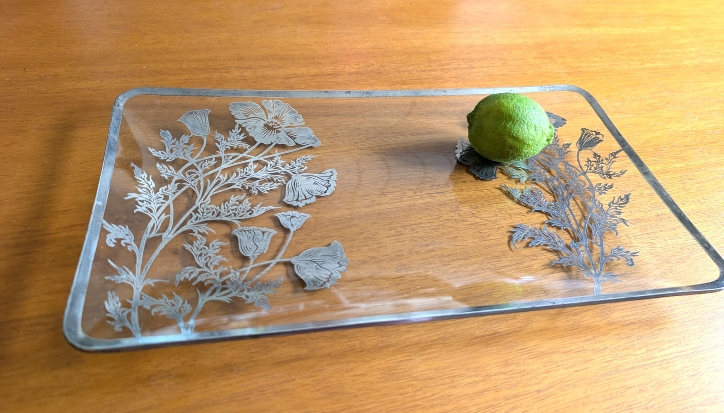 Midcentury Silver Overlay Floral Glass Rectangular Tray