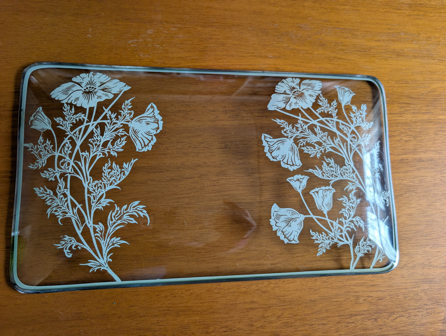 Midcentury Silver Overlay Floral Glass Rectangular Tray