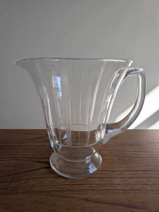 Vintage Geometric Etched Glass Pitcher with Wide Top and Glass Handle 7.5" Tall