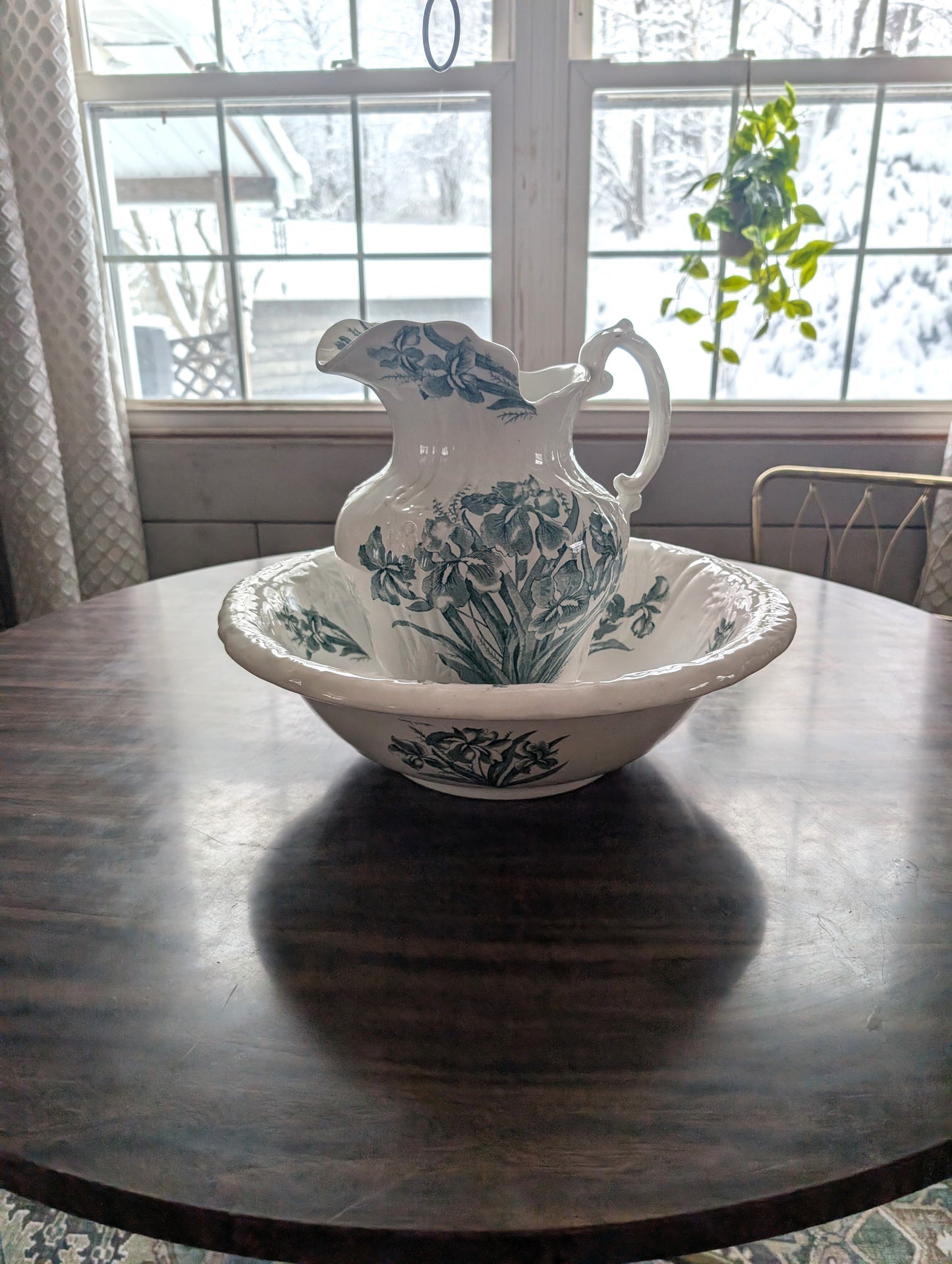 19th Century Flags England Transferware Ironstone Iris Wash Basin + Pitcher