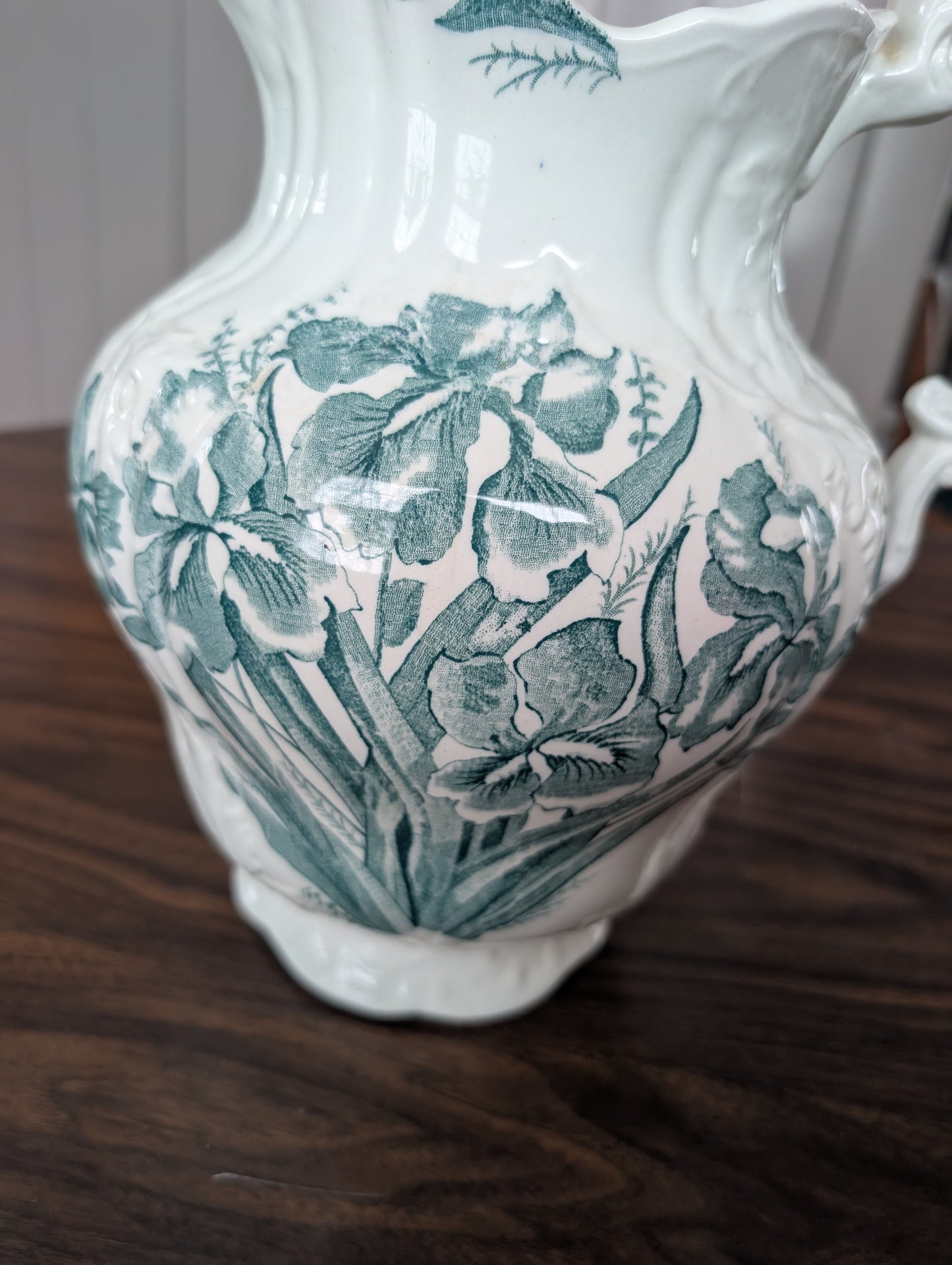 19th Century Flags England Transferware Ironstone Iris Wash Basin + Pitcher