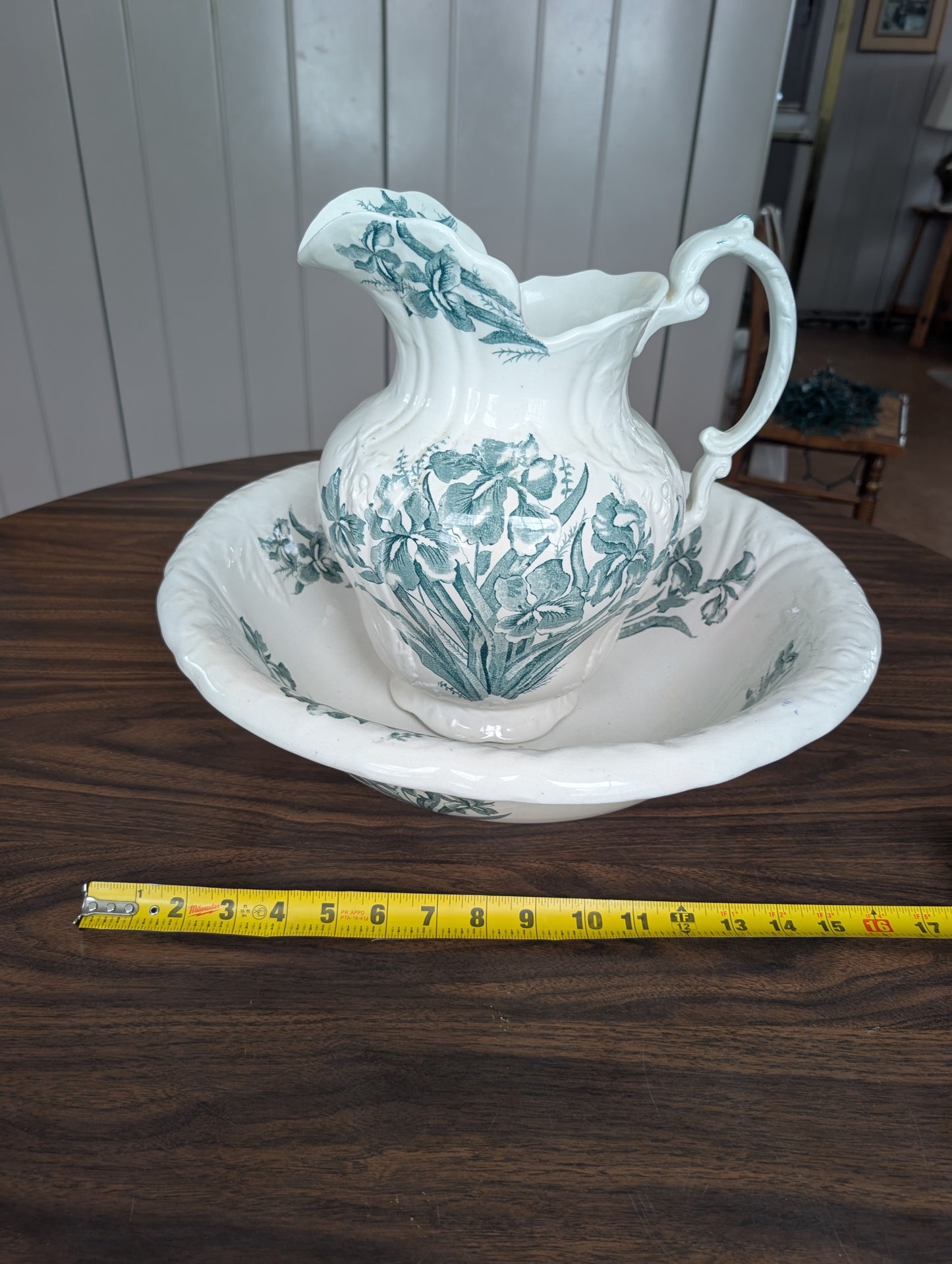 19th Century Flags England Transferware Ironstone Iris Wash Basin + Pitcher