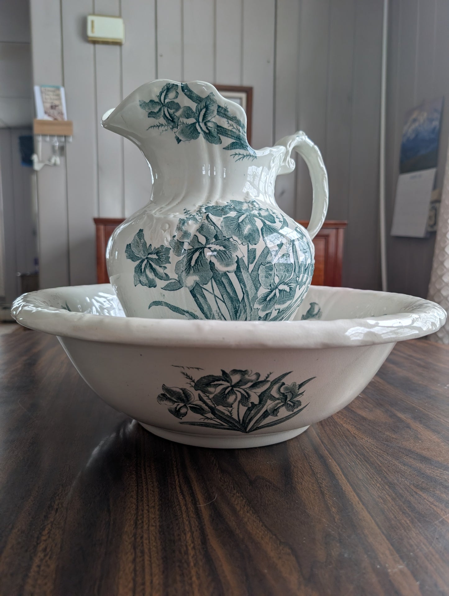 19th Century Flags England Transferware Ironstone Iris Wash Basin + Pitcher