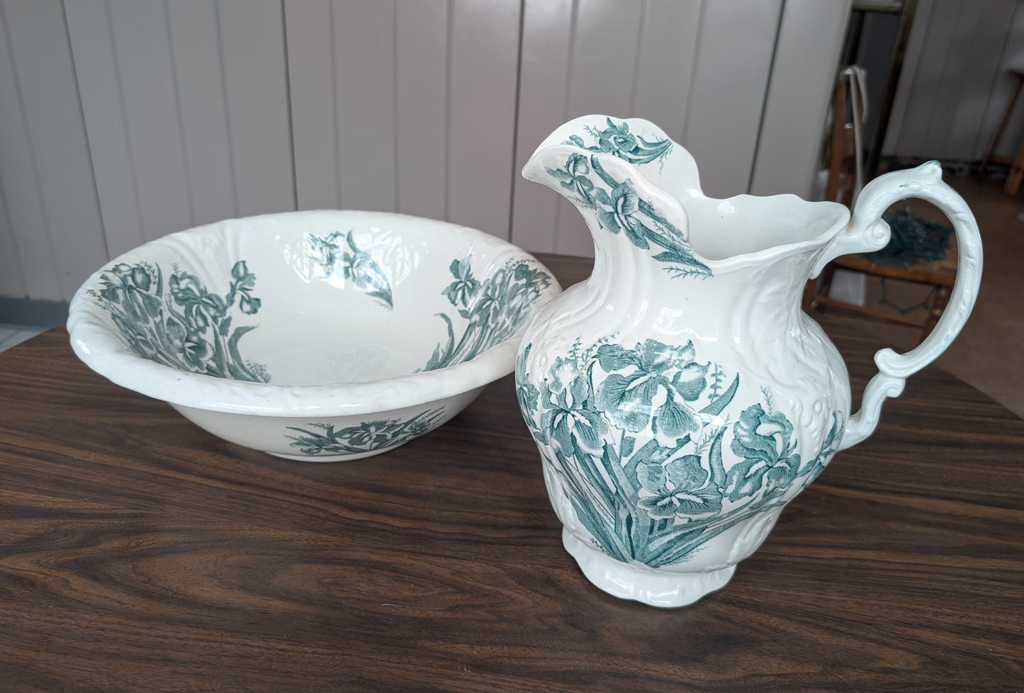 19th Century Flags England Transferware Ironstone Iris Wash Basin + Pitcher