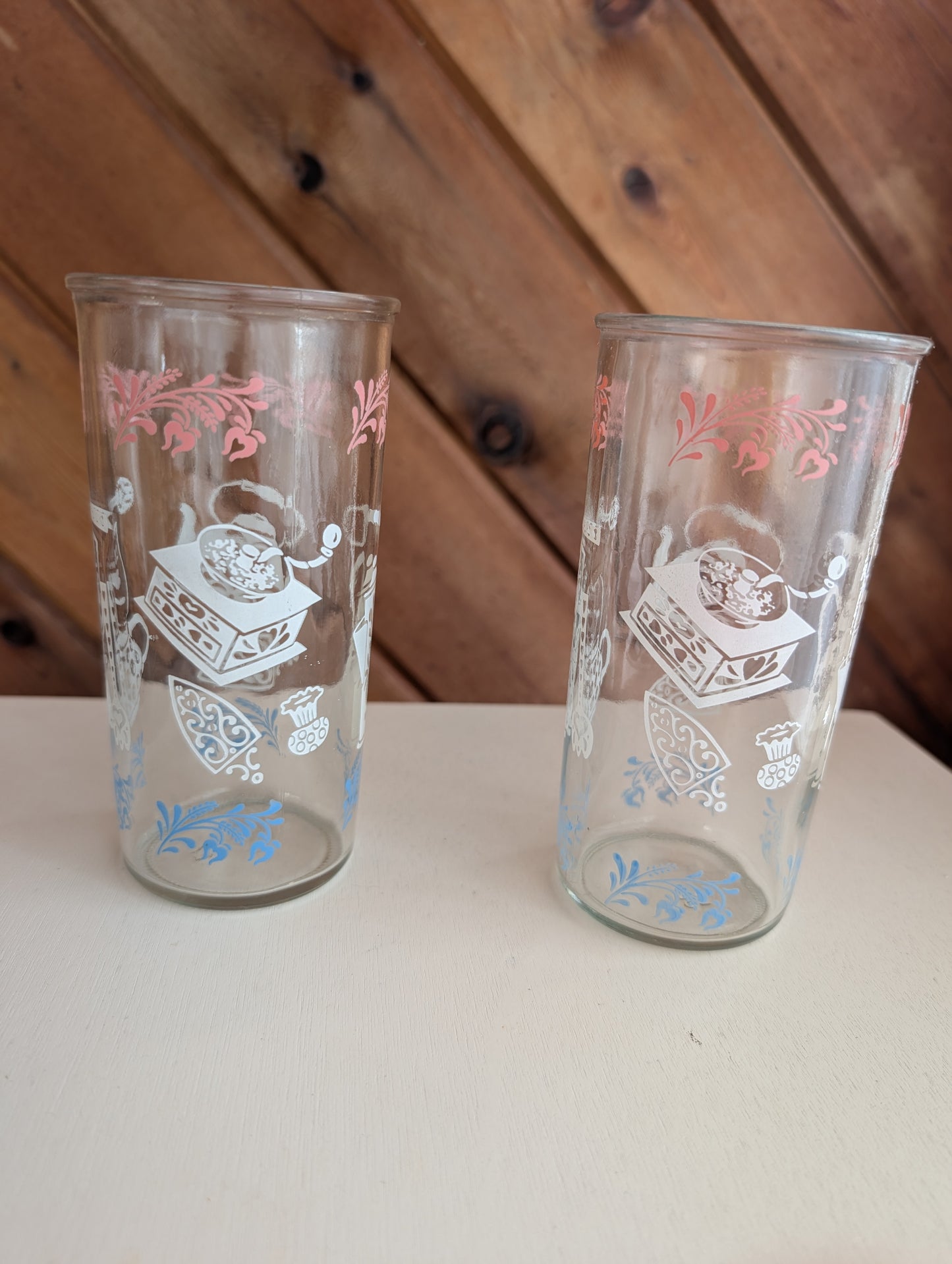 Pair of Vintage Hazel Atlas Kitchen Aides Glasses Featuring Coffee Grinder