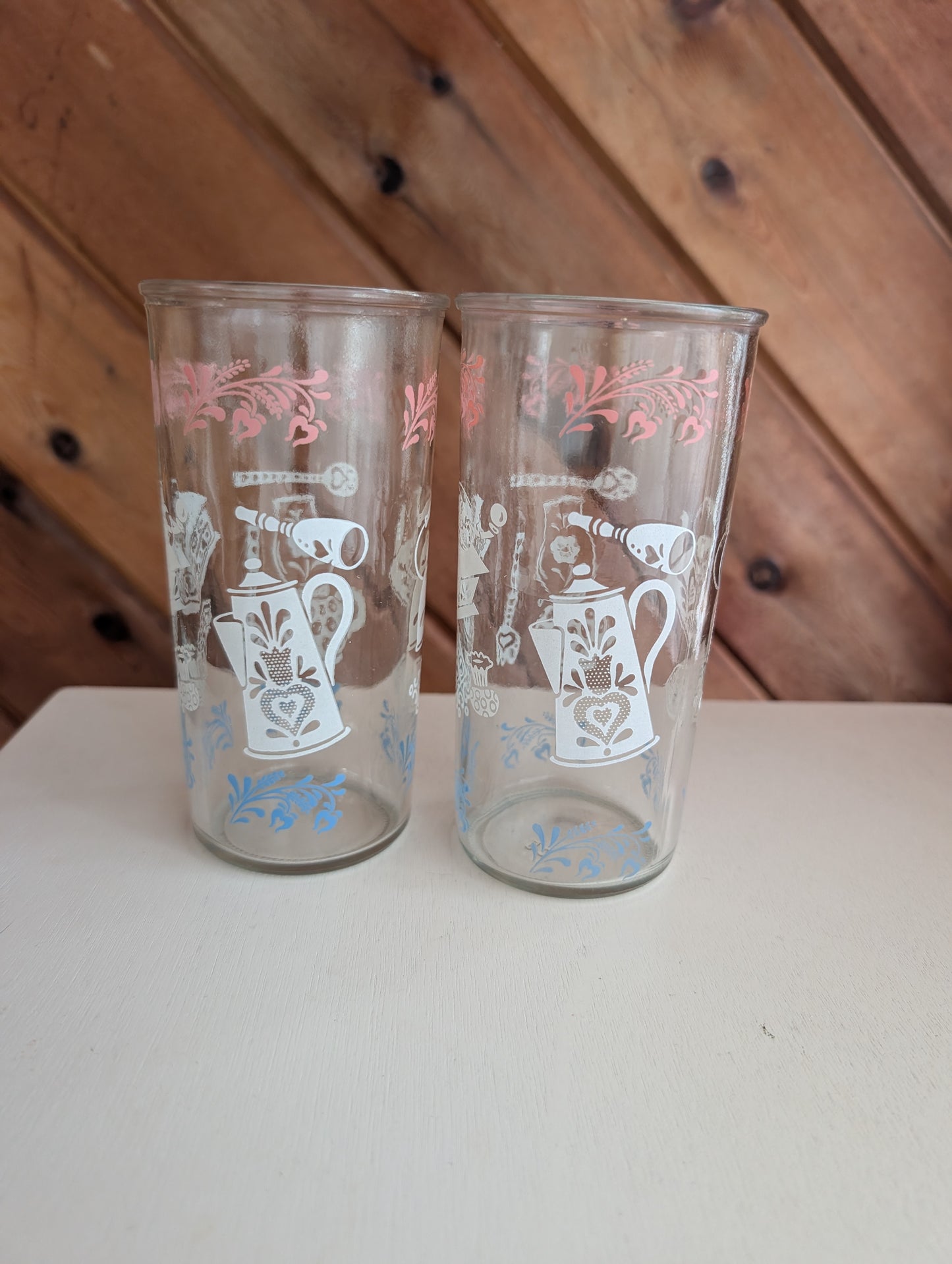 Pair of Vintage Hazel Atlas Kitchen Aides Glasses Featuring Coffee Grinder