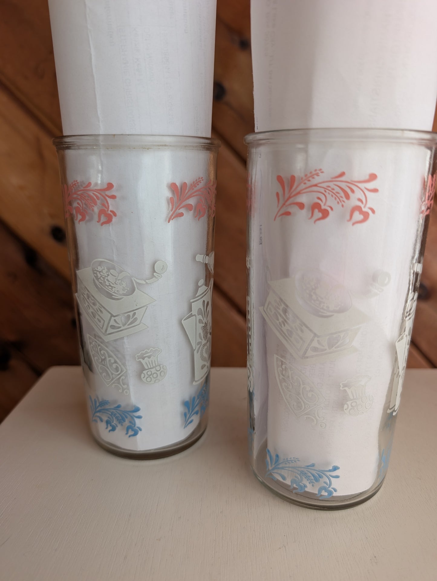 Pair of Vintage Hazel Atlas Kitchen Aides Glasses Featuring Coffee Grinder