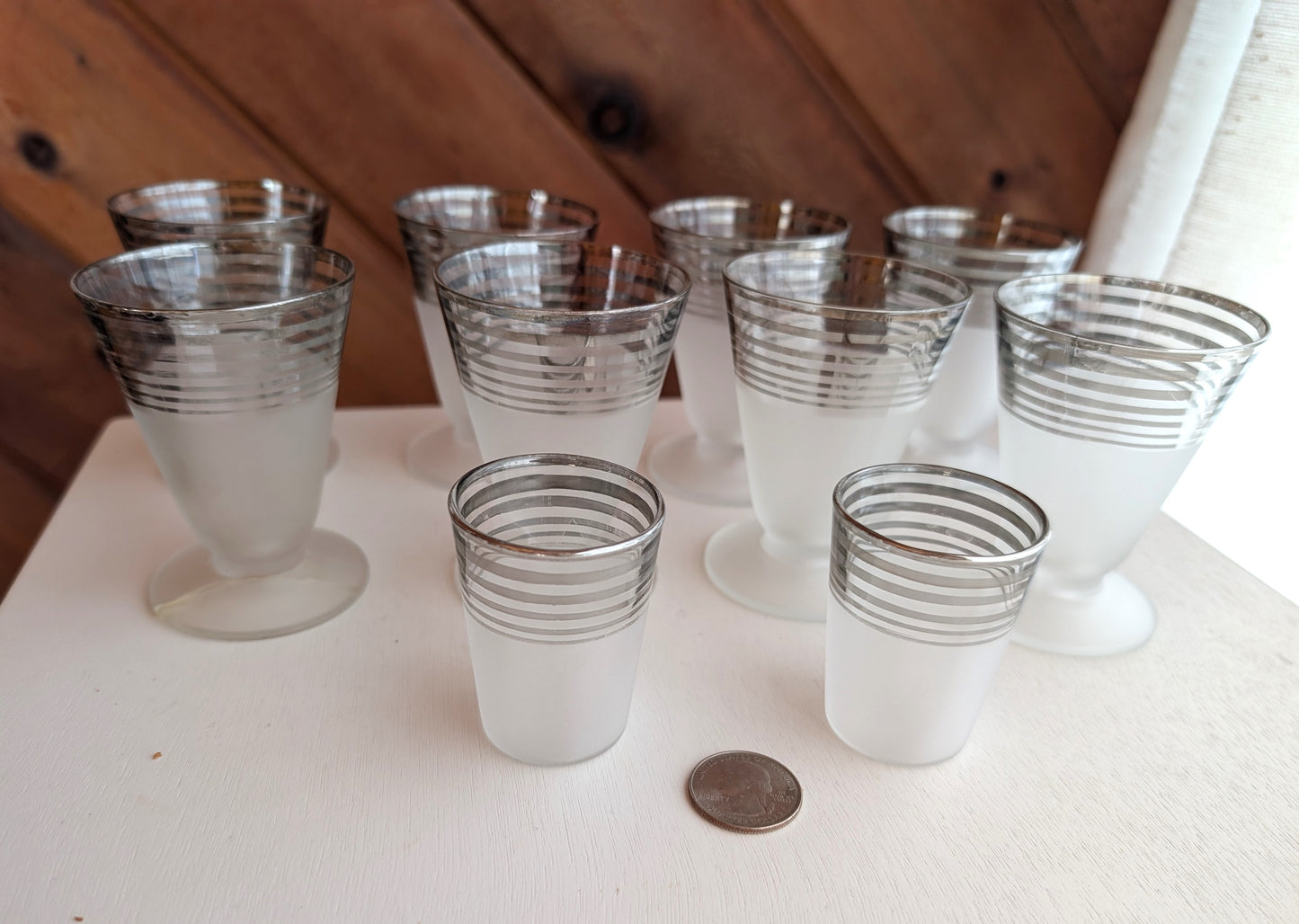 8 Vintage MCM Frosted and Chrome Stripe Cocktail Glasses with Bonus Shot Glasses
