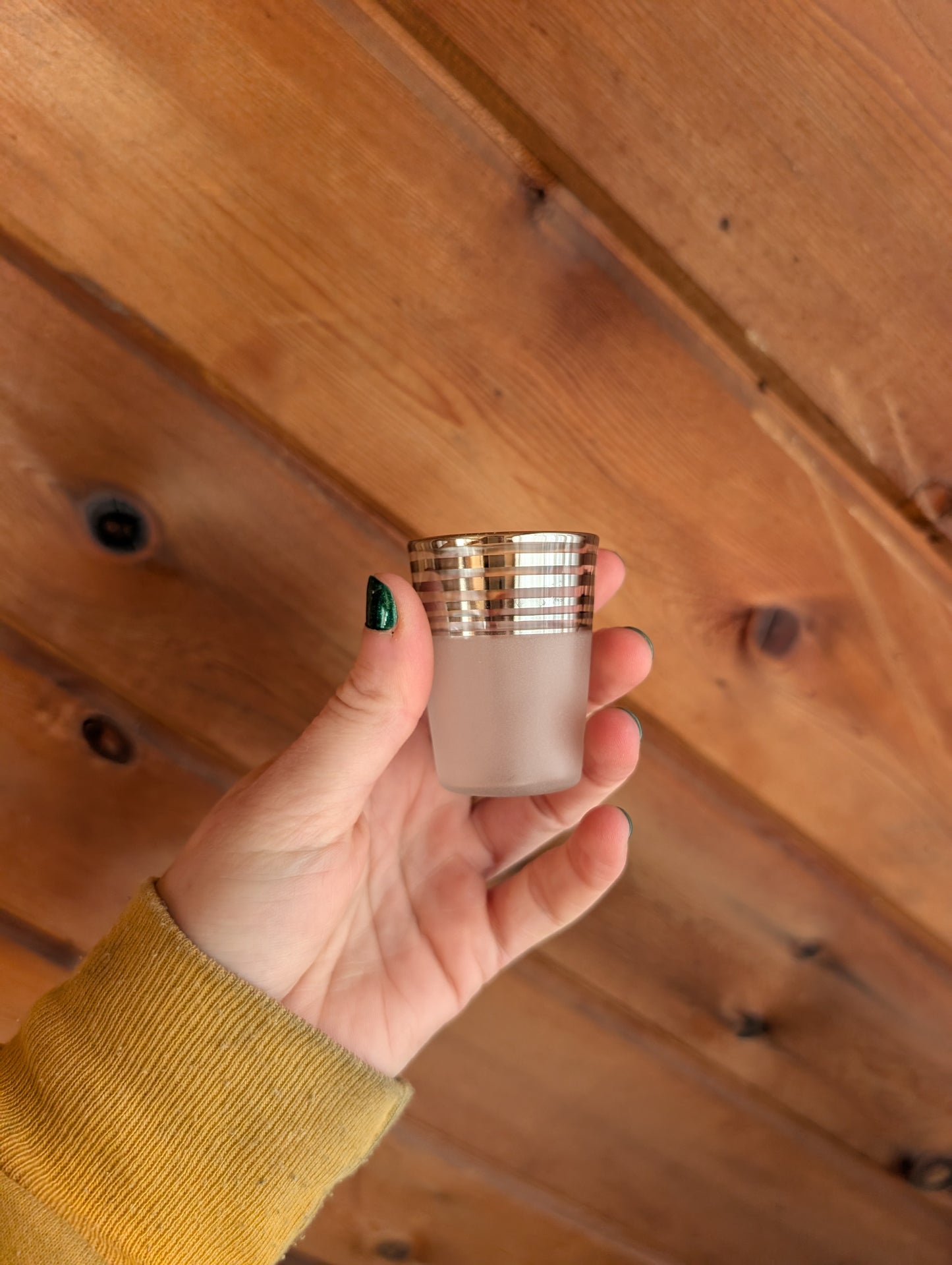 8 Vintage MCM Frosted and Chrome Stripe Cocktail Glasses with Bonus Shot Glasses