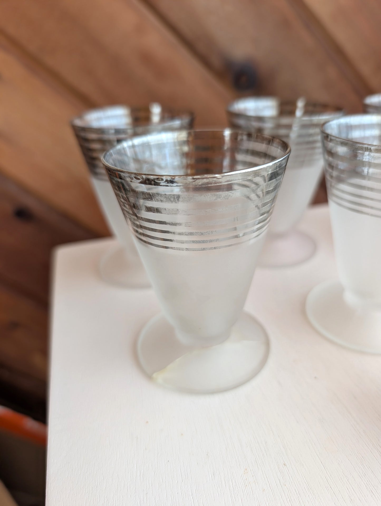 8 Vintage MCM Frosted and Chrome Stripe Cocktail Glasses with Bonus Shot Glasses
