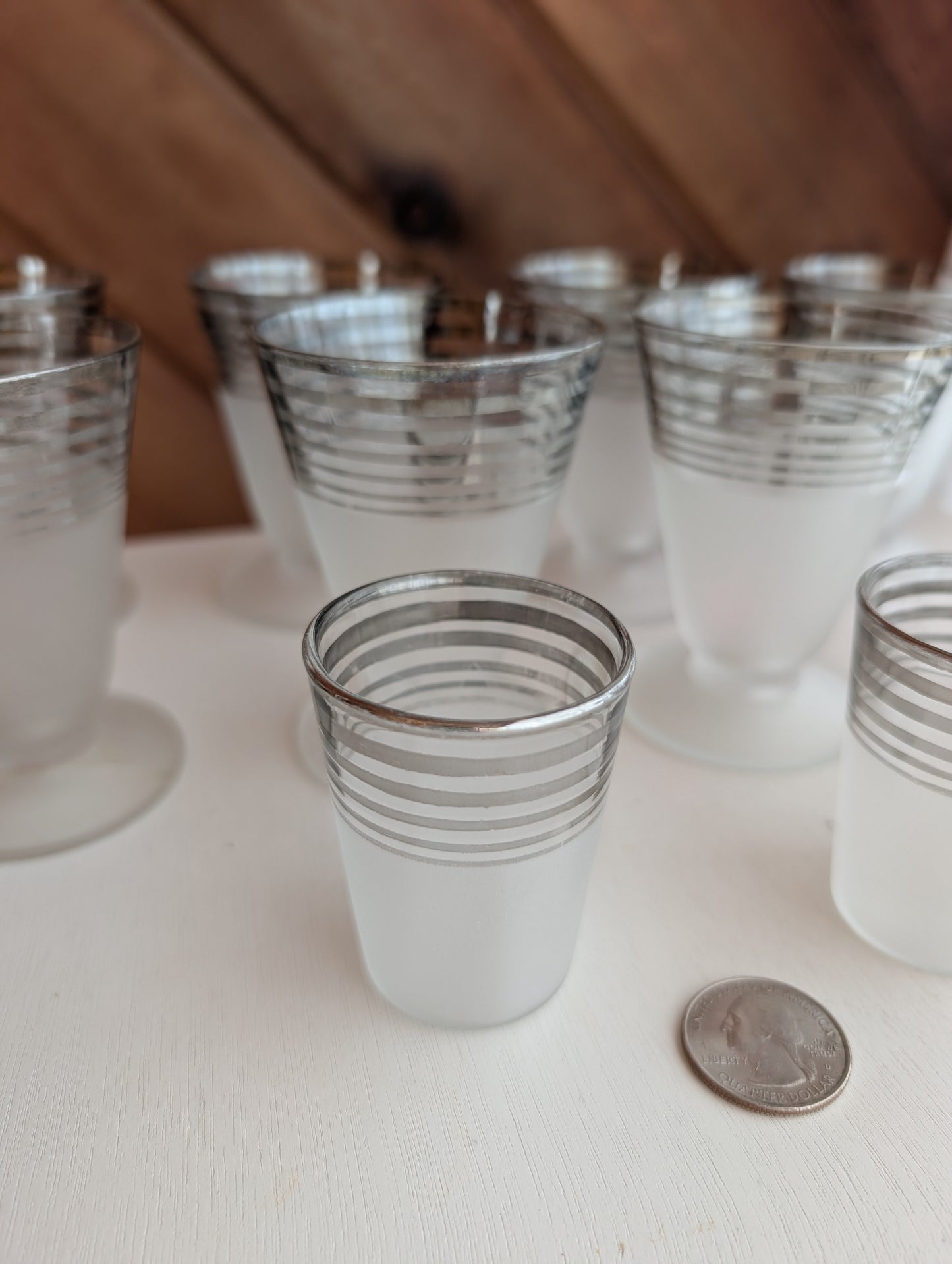 8 Vintage MCM Frosted and Chrome Stripe Cocktail Glasses with Bonus Shot Glasses