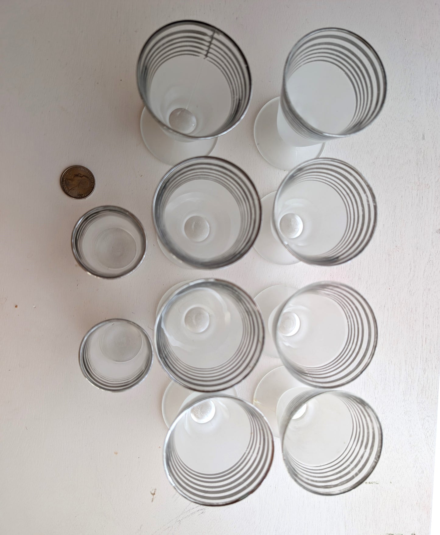 8 Vintage MCM Frosted and Chrome Stripe Cocktail Glasses with Bonus Shot Glasses