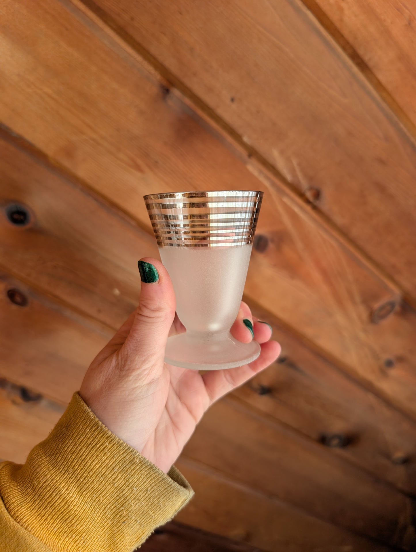 8 Vintage MCM Frosted and Chrome Stripe Cocktail Glasses with Bonus Shot Glasses