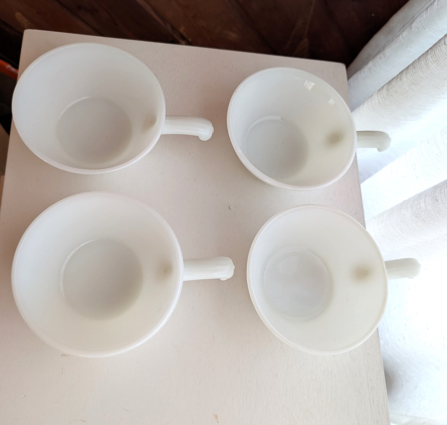 Vintage Anchor Hocking Fire-King  Milk Glass Handled Soup/Chili Bowls. Set of 4.,
