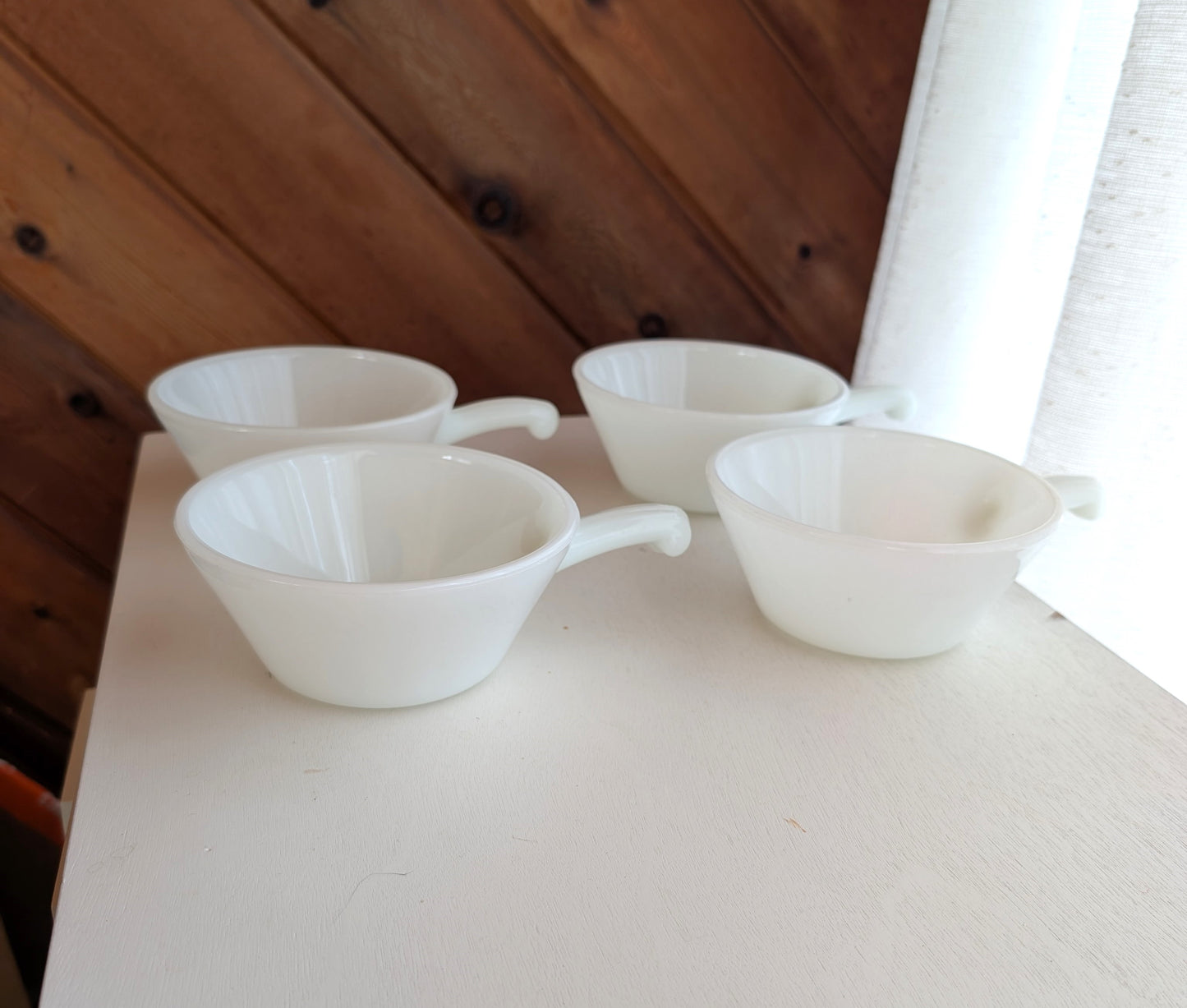 Vintage Anchor Hocking Fire-King  Milk Glass Handled Soup/Chili Bowls. Set of 4.,