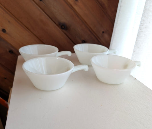 Vintage Anchor Hocking Fire-King  Milk Glass Handled Soup/Chili Bowls. Set of 4.,