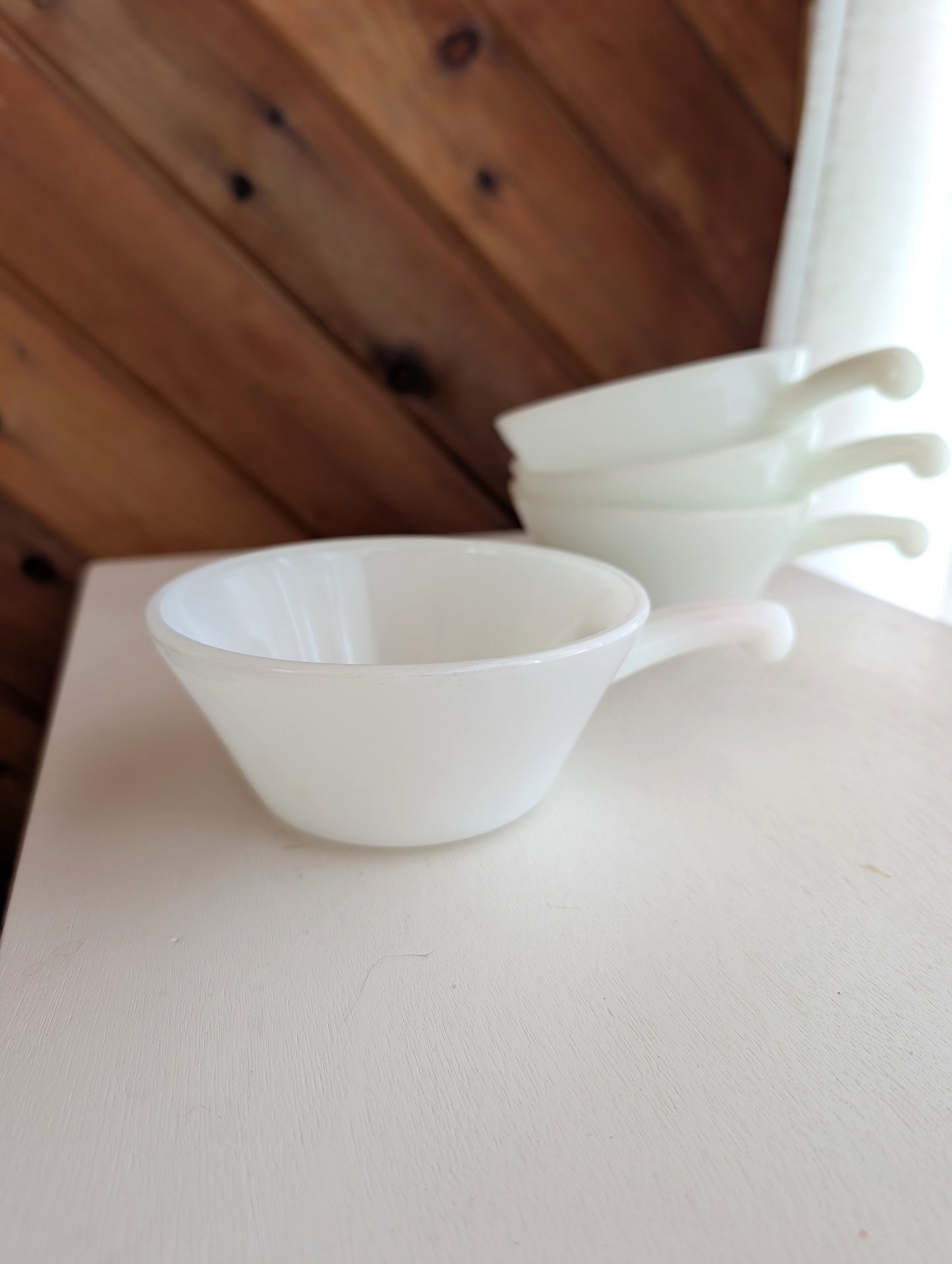 Vintage Anchor Hocking Fire-King  Milk Glass Handled Soup/Chili Bowls. Set of 4.,