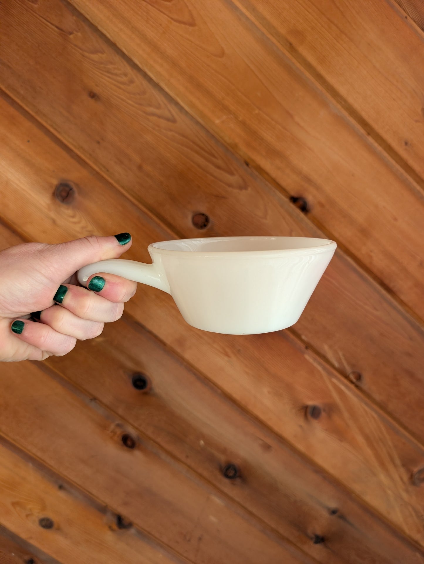 Vintage Anchor Hocking Fire-King  Milk Glass Handled Soup/Chili Bowls. Set of 4.,