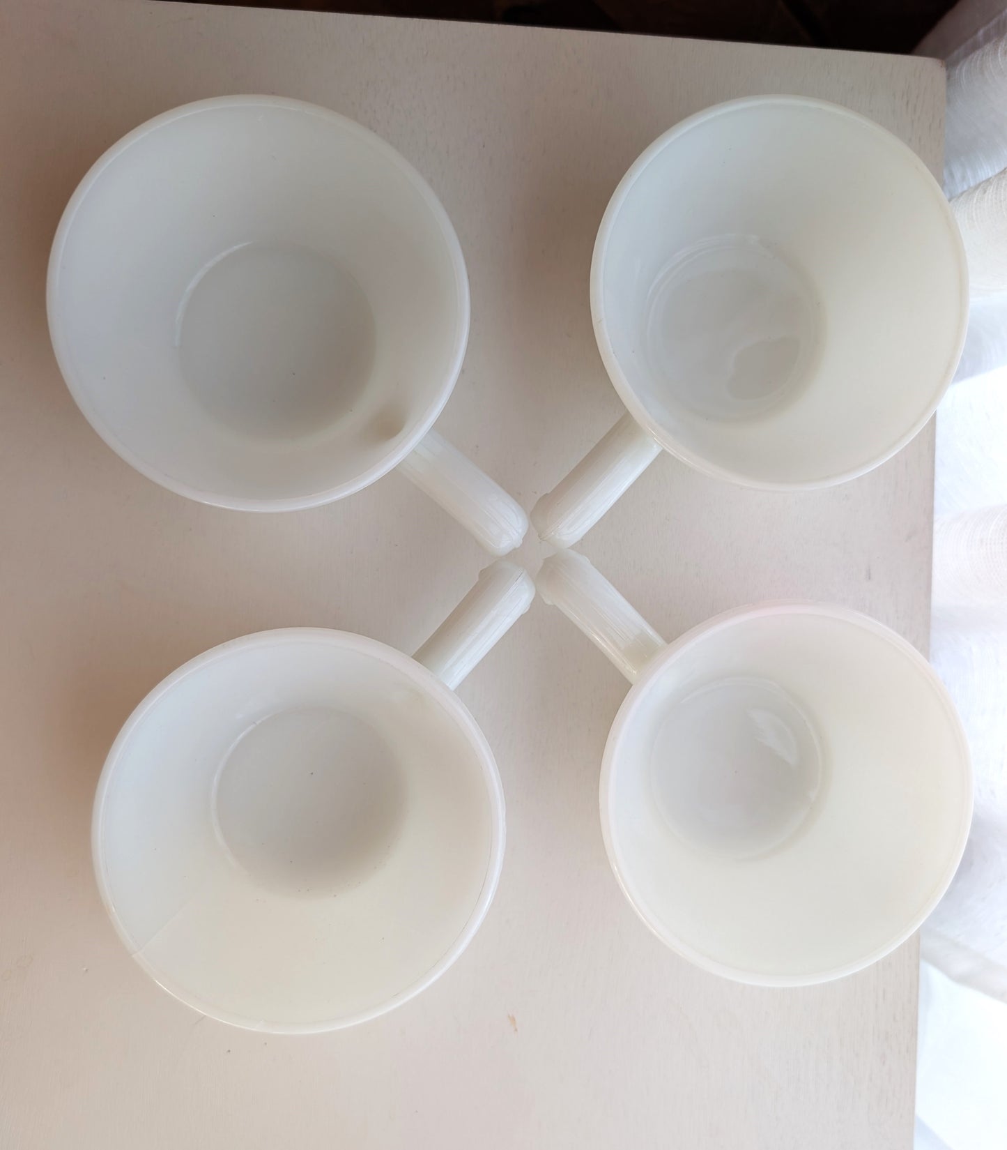 Vintage Anchor Hocking Fire-King  Milk Glass Handled Soup/Chili Bowls. Set of 4.,