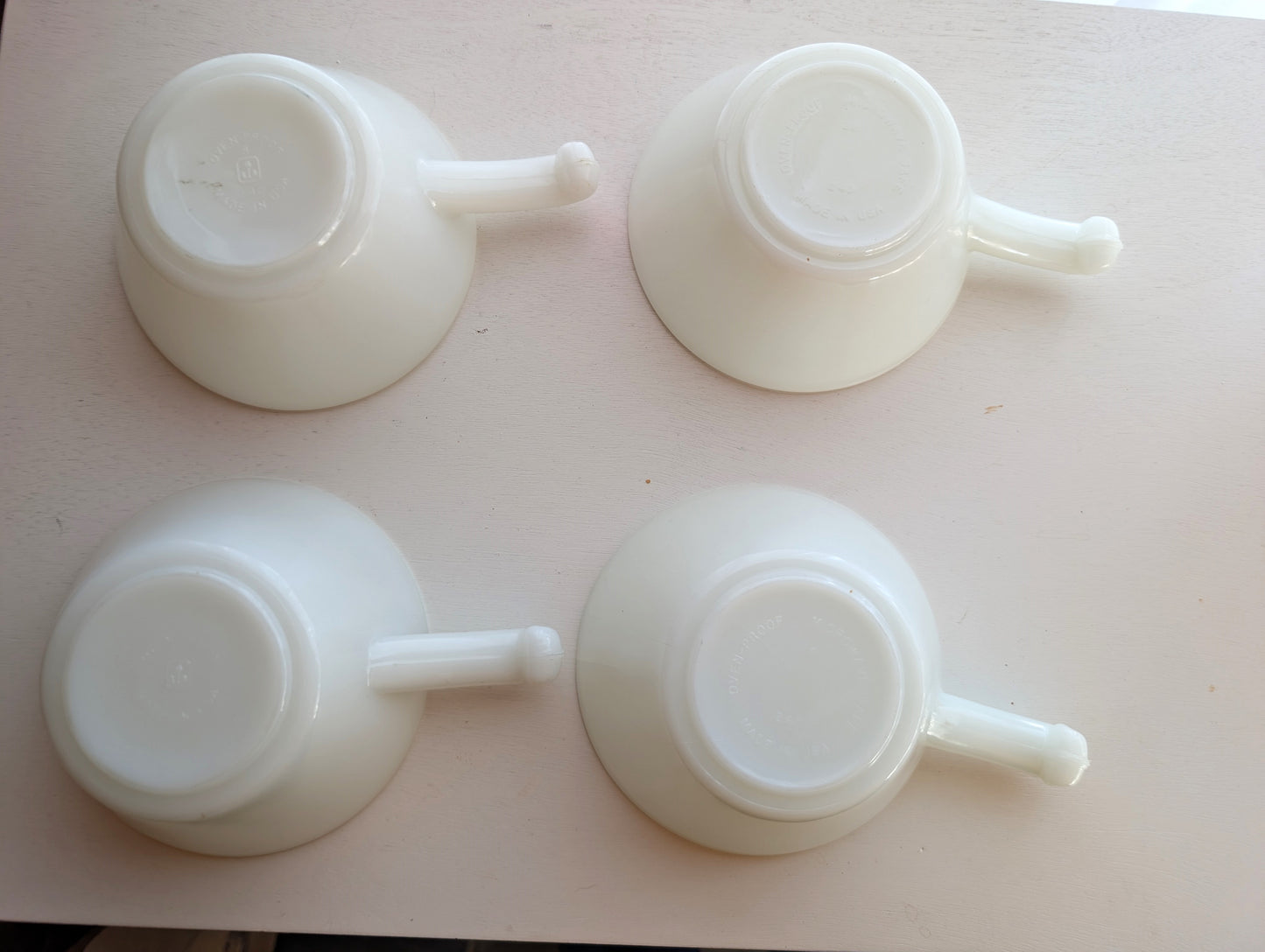 Vintage Anchor Hocking Fire-King  Milk Glass Handled Soup/Chili Bowls. Set of 4.,