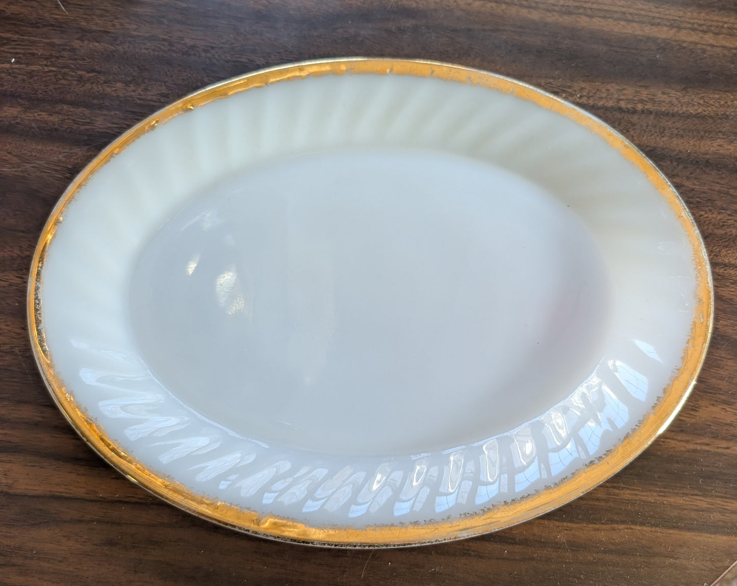 Vintage Fire King Milk Glass Platter with Gold Trim MCM Oval 12 in Serving Piece