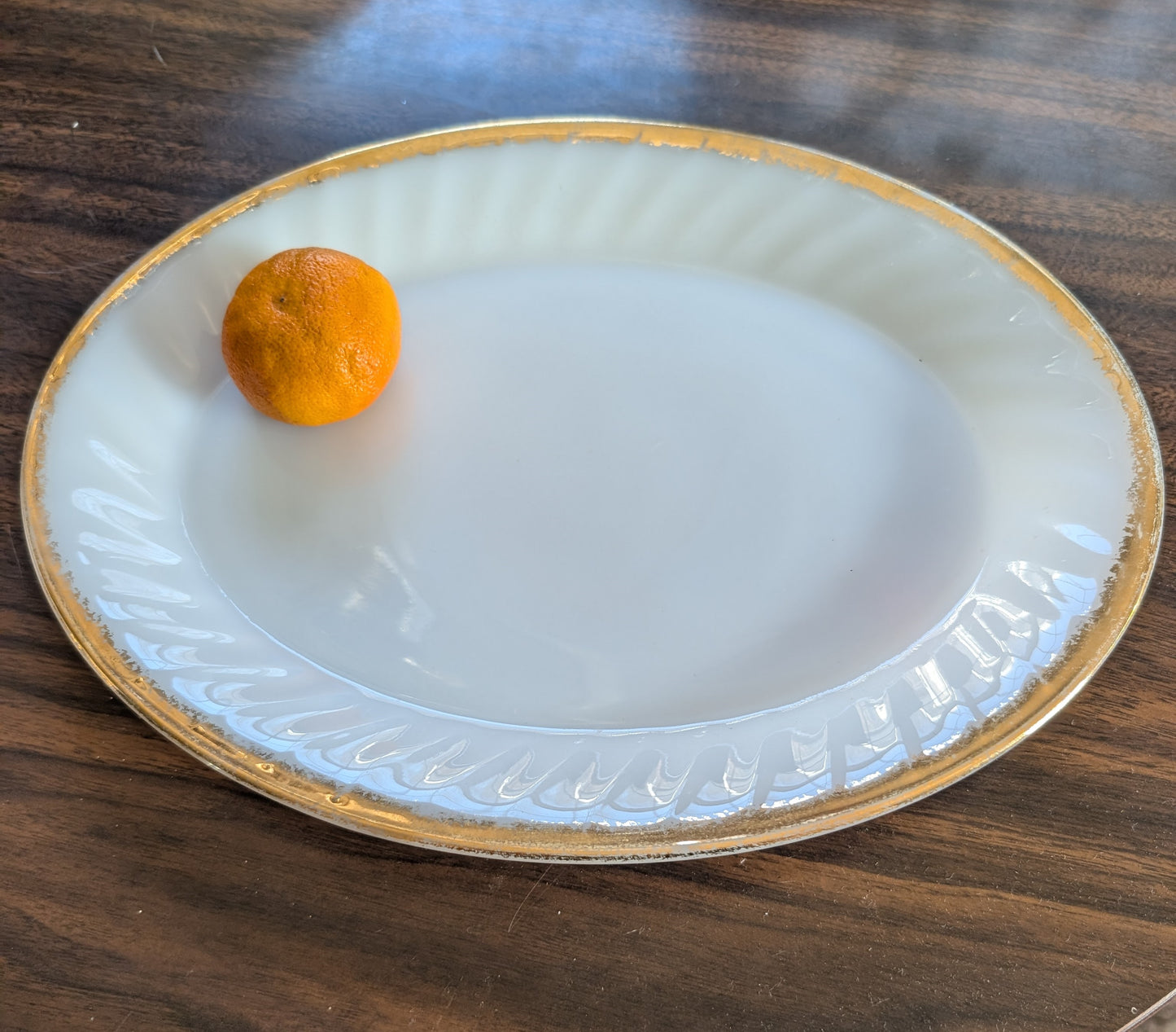 Vintage Fire King Milk Glass Platter with Gold Trim MCM Oval 12 in Serving Piece