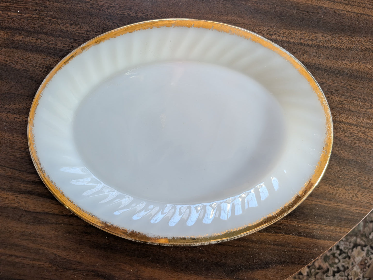 Vintage Fire King Milk Glass Platter with Gold Trim MCM Oval 12 in Serving Piece
