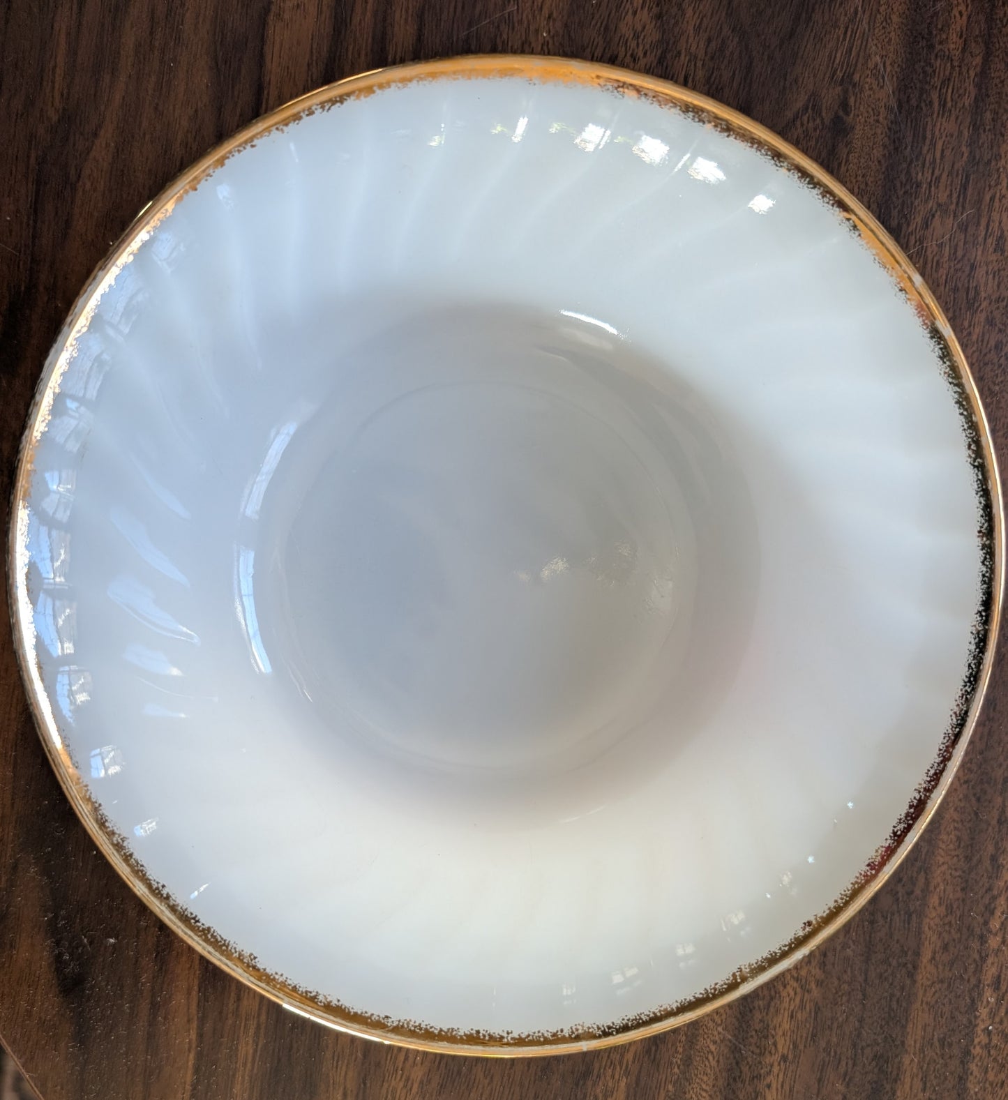 Vintage Anchor Hocking Fire King Milk Glass Serving Bowl with Gold Trim 8.25" Diameter