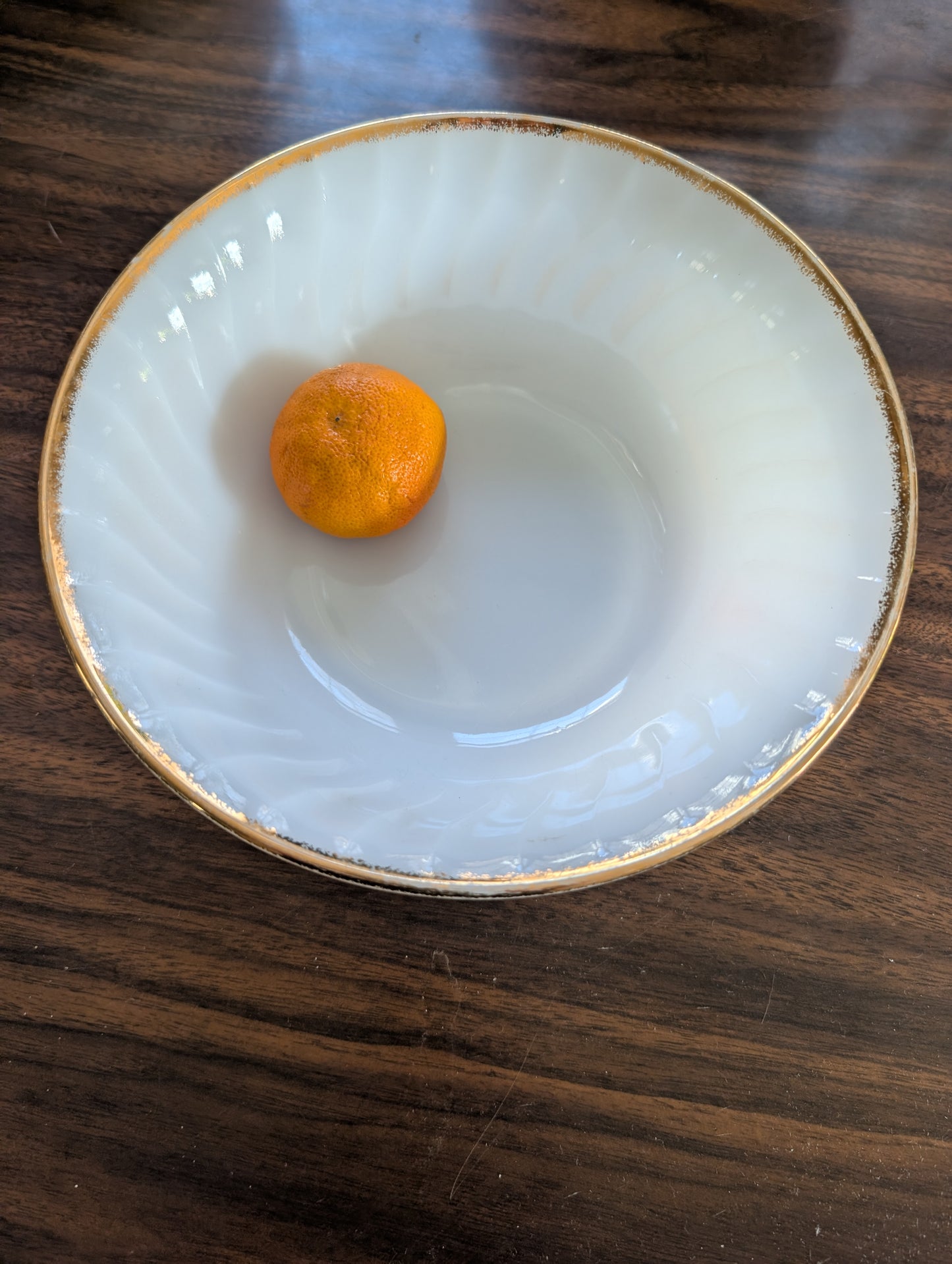 Vintage Anchor Hocking Fire King Milk Glass Serving Bowl with Gold Trim 8.25" Diameter