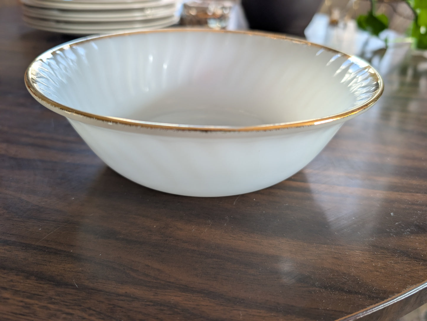 Vintage Anchor Hocking Fire King Milk Glass Serving Bowl with Gold Trim 8.25" Diameter