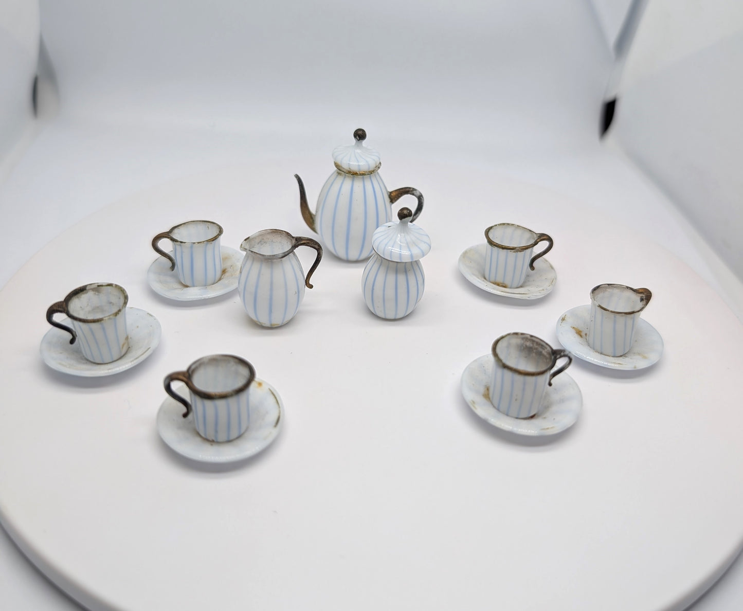 Miniature Blue and White Stripe Glass Coffee Set German 1900 possibly by Lauscha