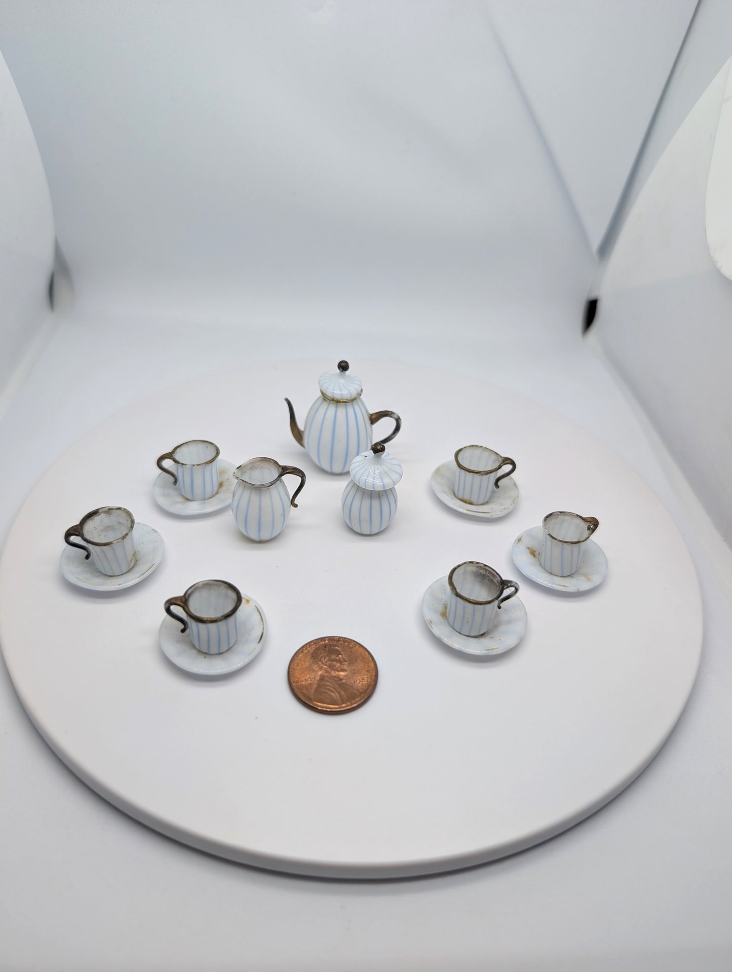 Miniature Blue and White Stripe Glass Coffee Set German 1900 possibly by Lauscha