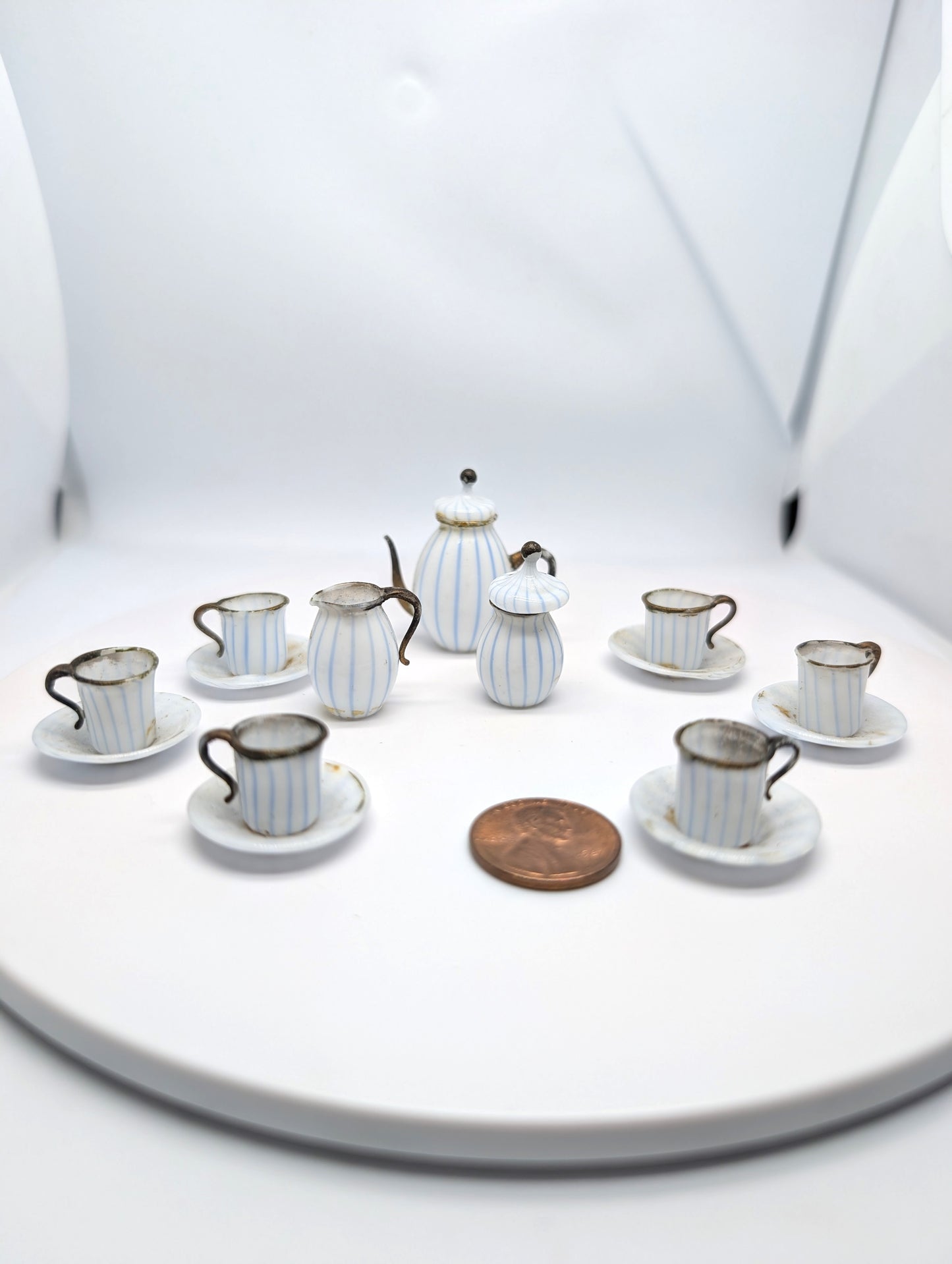 Miniature Blue and White Stripe Glass Coffee Set German 1900 possibly by Lauscha